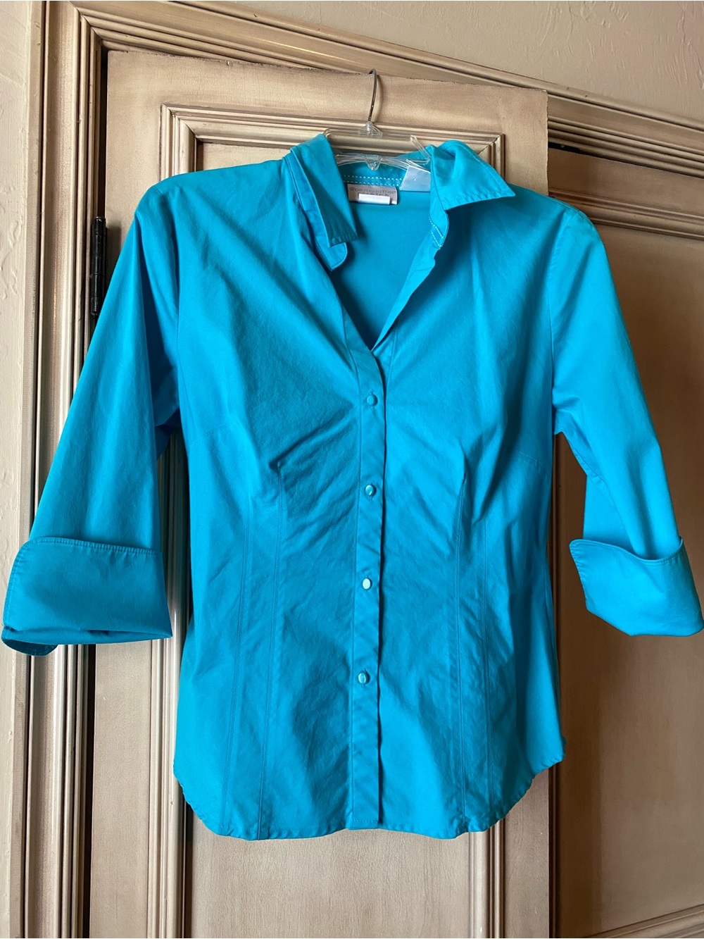 Vintage Worthington Stretch Fitted Turquoise 3/4 sleeve Button-Down Shirt, size